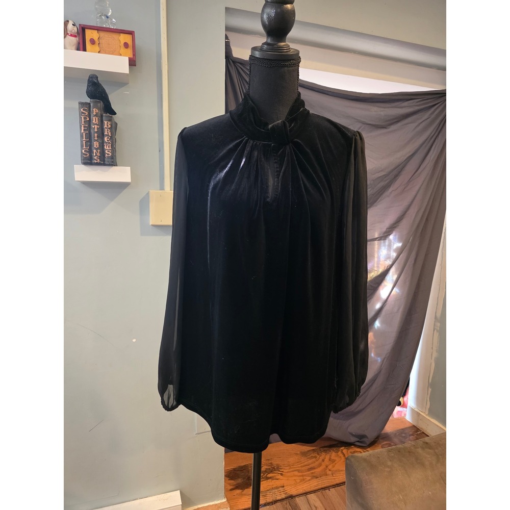 Vince Camuto Black Velvet Tie Neck Blouse Sheer Sleeve Whimsigoth Gothic M